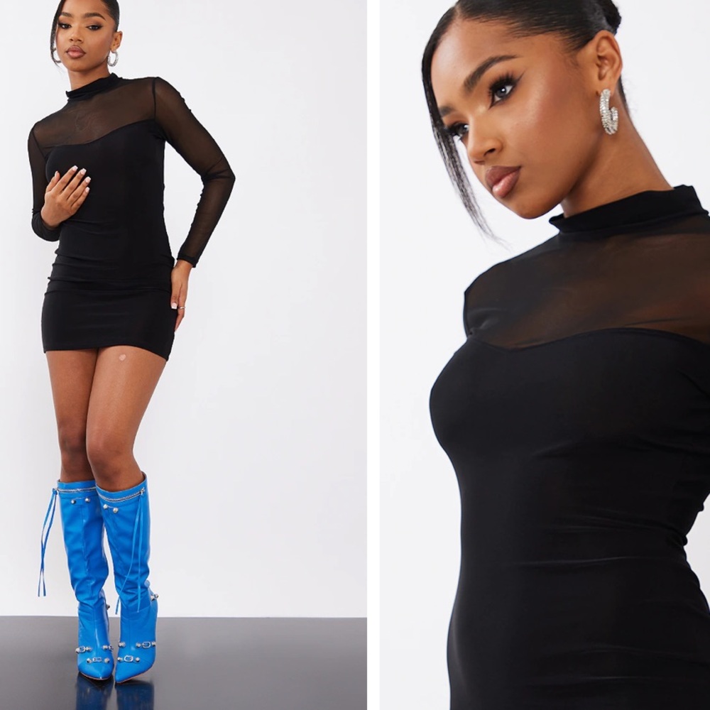 Pretty Little Thing Black High Neck Mesh Panel Bodycon Dress